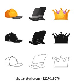 Vector illustration of headgear and cap sign. Set of headgear and headwear vector icon for stock.