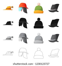 Vector illustration of headgear and cap sign. Set of headgear and accessory stock vector illustration.