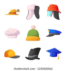 Vector illustration of headgear and cap sign. Collection of headgear and accessory stock vector illustration.