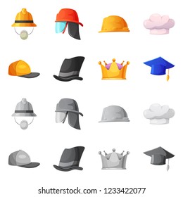 Vector illustration of headgear and cap sign. Collection of headgear and accessory stock symbol for web.