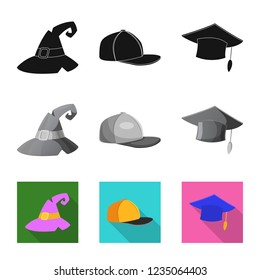 Vector illustration of headgear and cap sign. Set of headgear and accessory stock vector illustration.