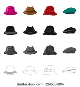 Vector illustration of headgear and cap sign. Set of headgear and accessory stock symbol for web.