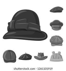Vector illustration of headgear and cap sign. Set of headgear and accessory stock symbol for web.