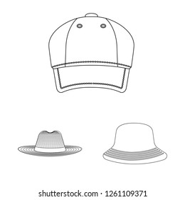 Vector illustration of headgear and cap sign. Collection of headgear and accessory stock vector illustration.