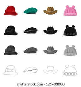 Vector illustration of headgear and cap sign. Collection of headgear and accessory stock vector illustration.