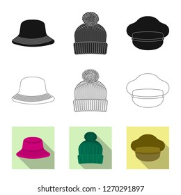 Vector illustration of headgear and cap sign. Collection of headgear and accessory stock symbol for web.
