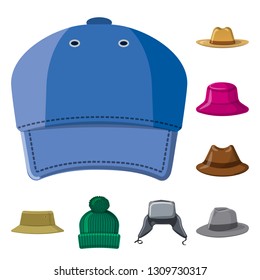 Vector illustration of headgear and cap sign. Set of headgear and accessory stock symbol for web.