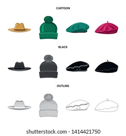 Vector illustration of headgear and cap sign. Set of headgear and accessory stock symbol for web.