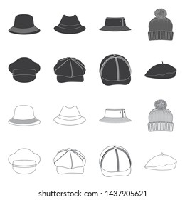 Vector illustration of headgear and cap sign. Collection of headgear and accessory stock vector illustration.