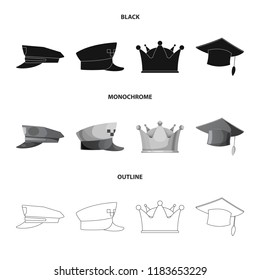 Vector illustration of headgear and cap symbol. Set of headgear and accessory stock vector illustration.