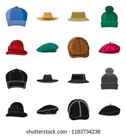 Vector illustration of headgear and cap symbol. Collection of headgear and accessory stock vector illustration.