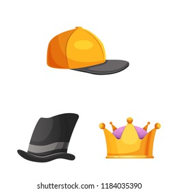 Vector illustration of headgear and cap symbol. Collection of headgear and accessory stock vector illustration.