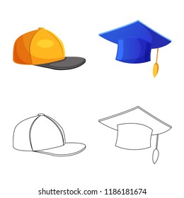 Vector illustration of headgear and cap symbol. Collection of headgear and accessory stock symbol for web.