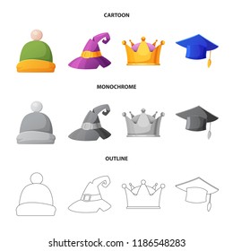 Vector illustration of headgear and cap symbol. Collection of headgear and accessory stock vector illustration.