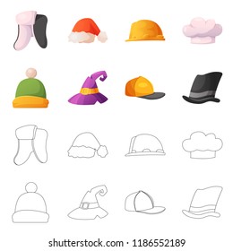 Vector illustration of headgear and cap symbol. Collection of headgear and accessory vector icon for stock.