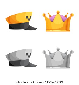 Vector illustration of headgear and cap symbol. Collection of headgear and accessory stock vector illustration.