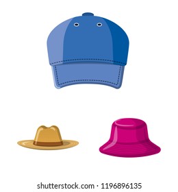 Vector illustration of headgear and cap symbol. Collection of headgear and accessory stock vector illustration.