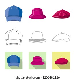 Vector illustration of headgear and cap symbol. Collection of headgear and accessory vector icon for stock.