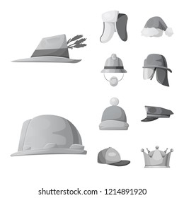 Vector illustration of headgear and cap symbol. Collection of headgear and accessory stock vector illustration.