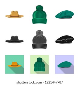 Vector illustration of headgear and cap symbol. Set of headgear and accessory stock vector illustration.
