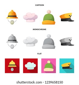 Vector illustration of headgear and cap symbol. Collection of headgear and accessory stock vector illustration.