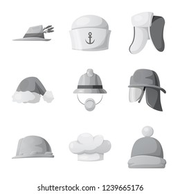 Vector illustration of headgear and cap symbol. Set of headgear and accessory vector icon for stock.