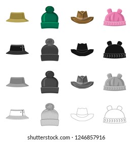 Vector illustration of headgear and cap symbol. Collection of headgear and accessory vector icon for stock.