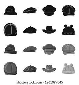 Vector illustration of headgear and cap symbol. Collection of headgear and accessory stock vector illustration.
