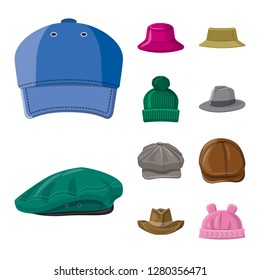 Vector illustration of headgear and cap symbol. Set of headgear and accessory vector icon for stock.