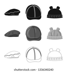 Vector illustration of headgear and cap symbol. Collection of headgear and accessory stock vector illustration.
