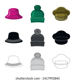 Vector illustration of headgear and cap symbol. Collection of headgear and accessory stock symbol for web.