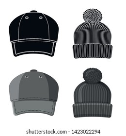 Vector illustration of headgear and cap symbol. Collection of headgear and accessory stock vector illustration.