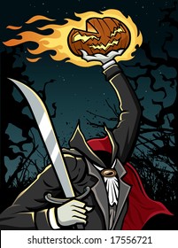 Vector illustration of the Headless Horseman holding a Jack-O-Lantern that is on fire in one hand and a sword in the other.