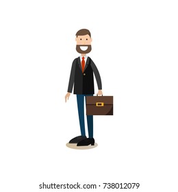 Vector Illustration Of Headmaster Male With Briefcase. School Principal Flat Style Design Element, Icon Isolated On White Background.