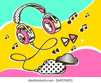 Vector illustration of headphone with clouds on colorful background. Hand draw line art design for web, site, advertising, banner, poster, board and print.
