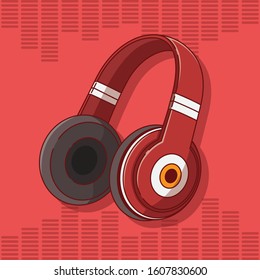 Vector illustration of headphone with editable background. Headphones for listening to music. Wireless headphone. Red color headphone.