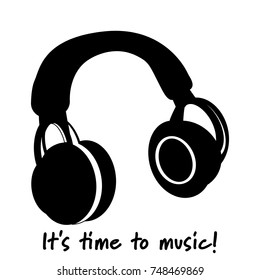 Vector illustration of headphone icon in black and white color and  "It's time to music!" text on white background.