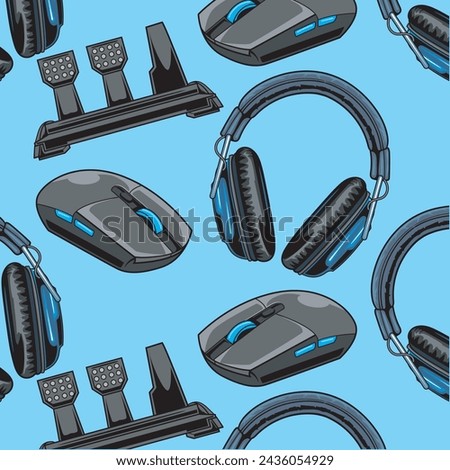 Vector Illustration of Headphone, Mouses and Game Steering Wheels with Vintage Hand Drawing Style Available for Pattern
