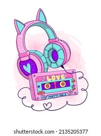 Ilustración vectorial de audífonos y orejas de gato, una vieja cinta de audio rosa para el jugador con texto Amor, niña dulce, corazón, notas, signo arco iris. fondo acuarela. Cosas para escuchar música