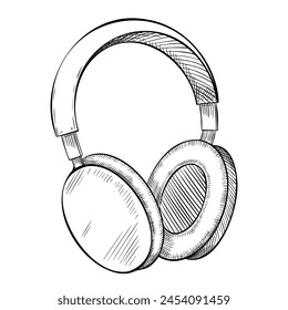 Vector illustration of Headphones. Drawing of Earphone on isolated background. Engraving of Headset for icon or logo in linear style. Sketch of earpiece for music during sports training.