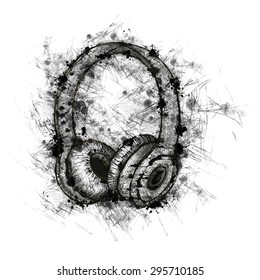 vector illustration headphones drawn ink