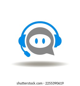 Ilustración vectorial de auriculares o audífonos y la cara del robot de burbuja de habla. Icono de chatbot. Símbolo del servicio de soporte automático en línea de bot de chat.