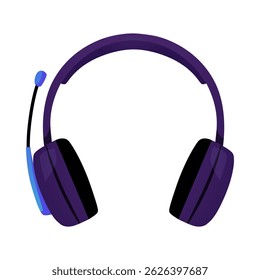 Vector illustration of headphones icon with headset, purple color. Wireless device for gaming, music, customer service, call center. Flat style. Isolated background.