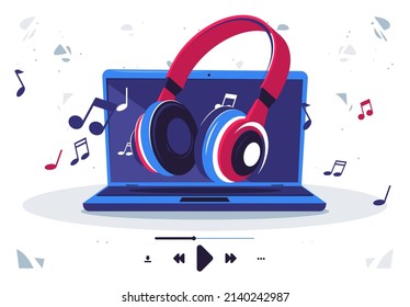 vector illustration of headphones for listening to music using a laptop