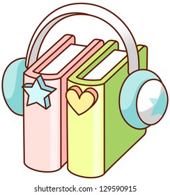 A vector illustration of headphones on books