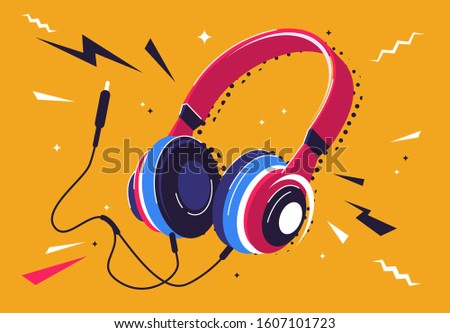 Vector illustration of headphones with a plug and decorative elements around