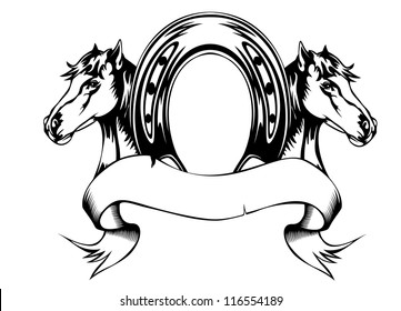 Vector  illustration heads horses and horse shoe