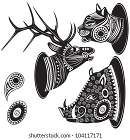 Vector illustration of the heads of wild totem animals - Mountain lion, Boar and Deer(Elk)