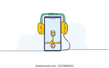 Ilustración vectorial de auriculares y micrófono para podcast. Piso moderno en estilo línea continua.