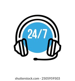 Vector illustration of a headset with a microphone and the text 24 7 inside a blue circle. Customer support, ideal for use in service-related marketing materials